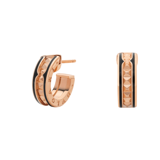 <CHIBA>ZERO 1 ROCK PINK GOLD EARRINGS WITH STUDDED SPIRAL AND BLACK CERAMIC